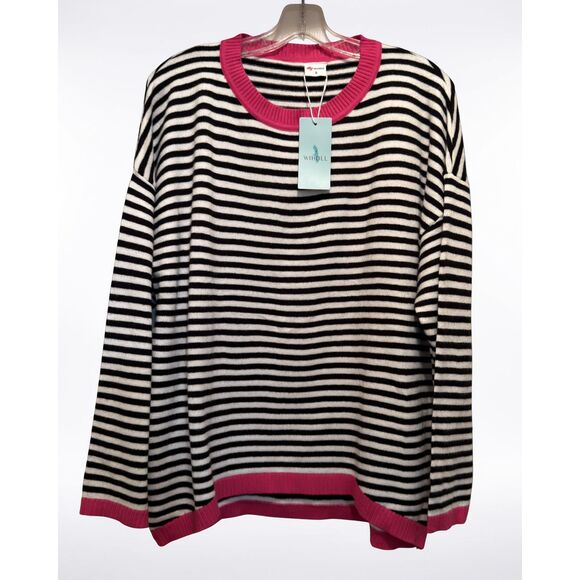 NWT Wiholl Women's Striped Crewneck Pullover Cardigan Black/White/Pink Size S - Picture 2 of 7